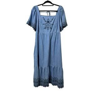 Old Navy Floral Embroidered Denim Square Neck Midi Dress Size 2X Blue‎ Boho
